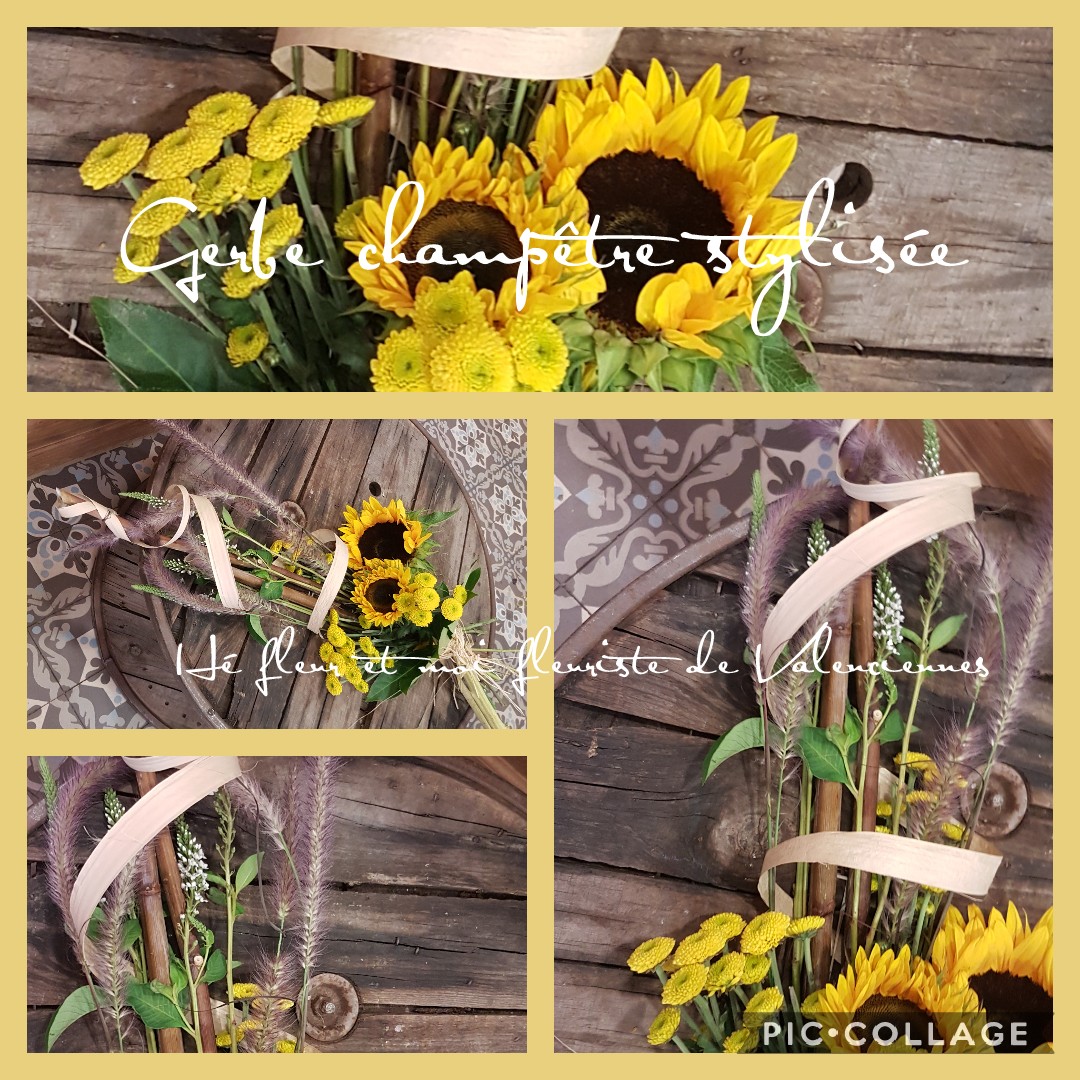 Gerbe champêtre stylisé Hé fleur et moi fleuriste de Valenciennes deuil