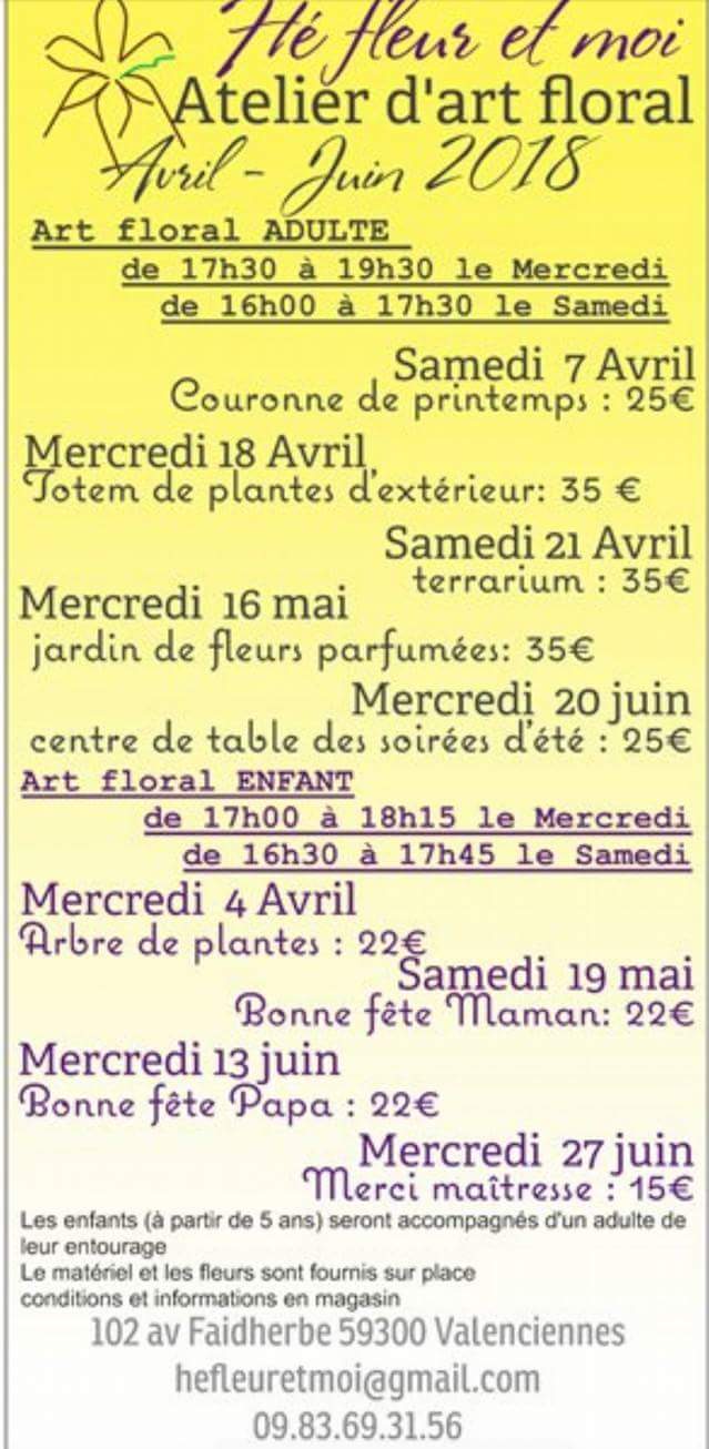 planning art floral adulte et enfant avril à juin chez hé fleur et moi Valenciennes fleuriste Ne tardez pas à réserver Au 0983693156 Au 102 avenue Faidherbe Valenciennes hefleuret