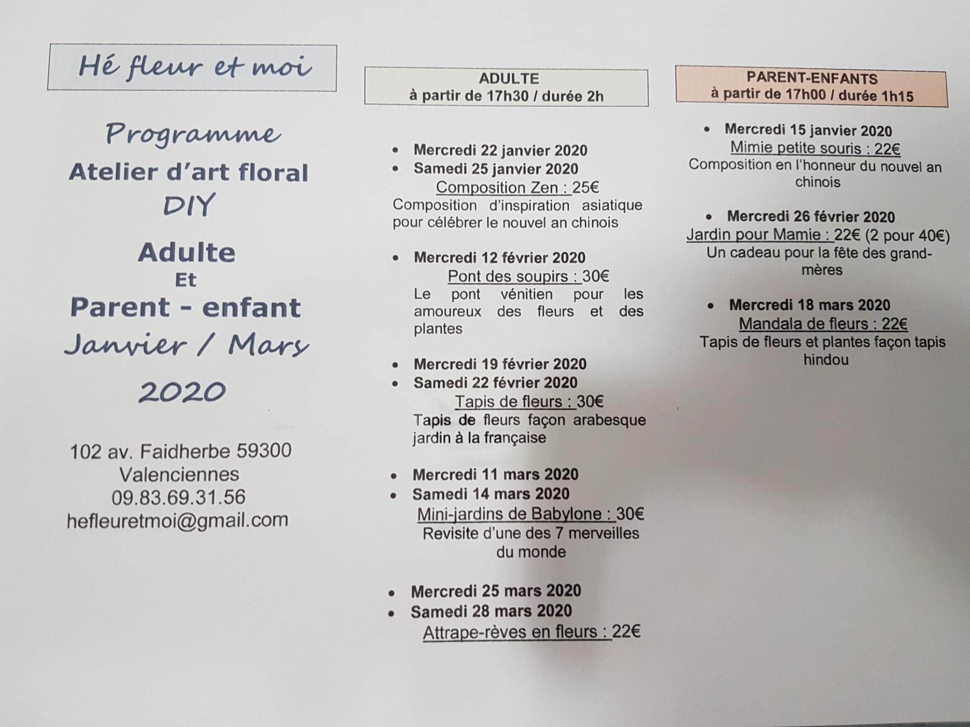 Atelier art floral Valenciennes DIY Programme janvier mars 2019 Hé fleur et moi fleuriste de Valenciennes
